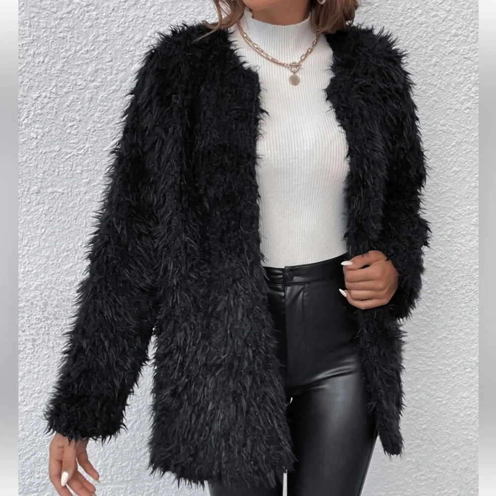 Cozy Faux Vegan Fur Open Front Jacket Coat Hot Pink - Picture 12 of 14